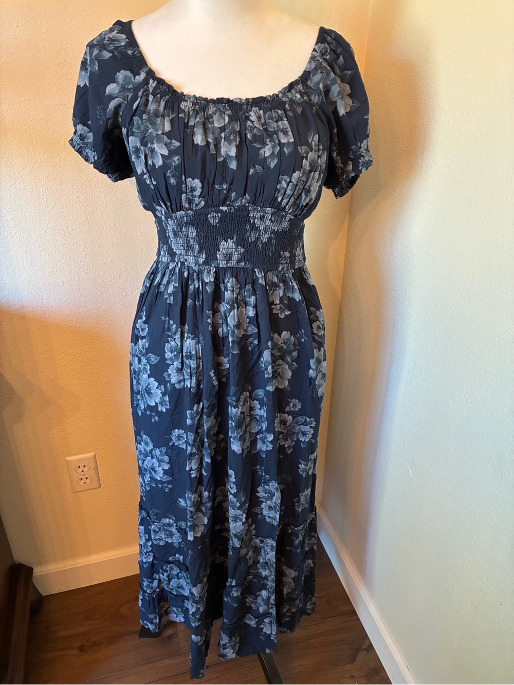 Hollister Smocked Navy Floral Maxi Dress